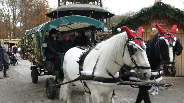 Advent: Romantisch: Eine Fahrt mit einer weihnachtlich geschmückten Kutsche durch den Englischen Garten. Im Hintergrund der Chinesische Turm mit dem Weihnachtsmarkt.