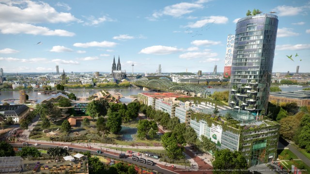 Klimakrise: Eine ganz andere Hohenzollernbrücke: Zukunftsbild der Kölner City mit Blick auf Rhein und Dom im Hintergrund, wie ihn die Autoren für 2034 sehen.