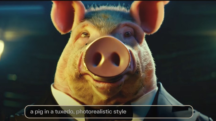 Video-KI "Pika": "Schwein im Frack, fotorealistischer Stil": Aus wenigen Zurufen generiert die KI Pika Bewegtbilder, die an jene der großen Animationsstudios erinnern.