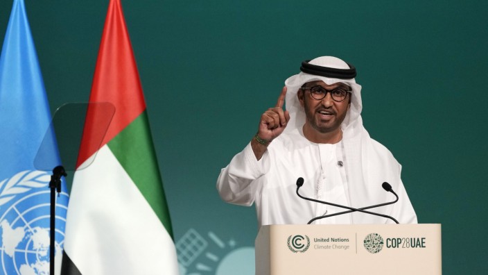 Weltklimakonferenz: COP-Präsident Sultan Ahmed Al Jaber spricht bei der Eröffnung der Weltklimakonferenz in Dubai.