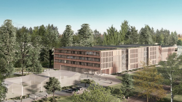 Klimaschutz: In dem modernen Erweiterungsbau der Berufsschule München-Land in Riem sollen Unterrichtsräume, eine Sporthalle und Wohnungen für Auszubildende entstehen. Das Bild zeigt eine Simulation.