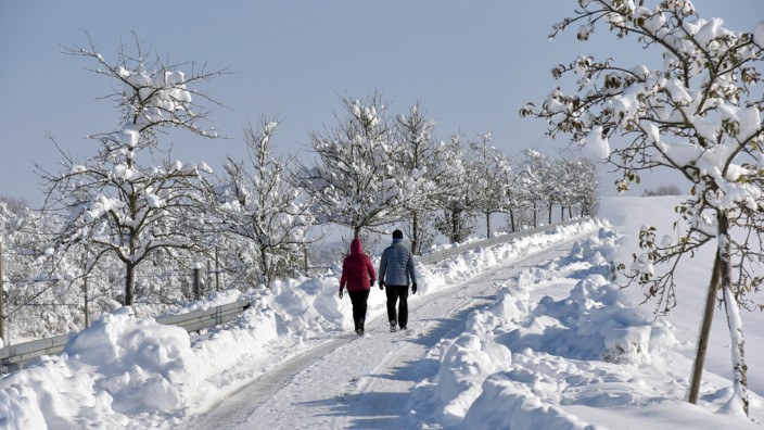 Zum Adventsbeginn: Spaziergang in der Sonne: Ein Paar wandert einen Weg bei Hattenhofen entlang.