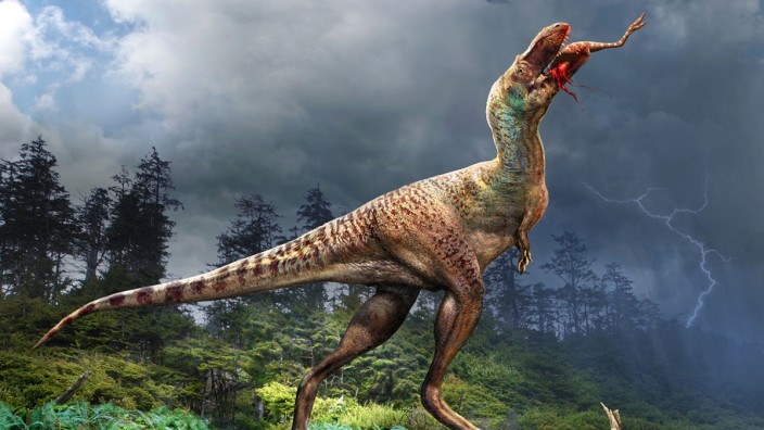 Paläontologie: Ein junger Gorgosaurus frisst ein kleines Beutetier.