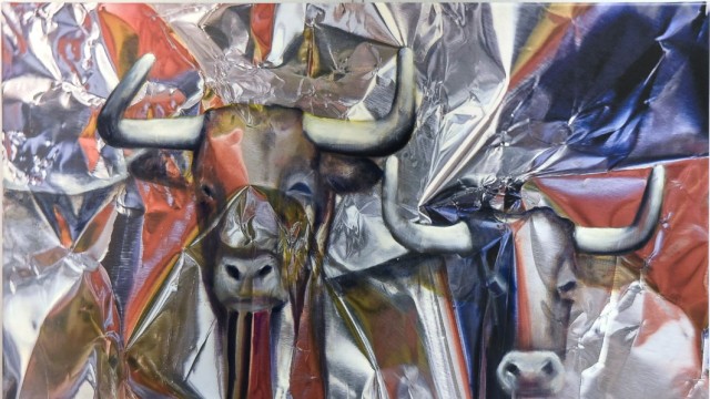 Ausstellung: Auch Tiere finden sich häufig in seinen Arbeiten. Diese Stiere erscheinen fast plastisch, als würden sie direkt aus der Leinwand herauskommen.