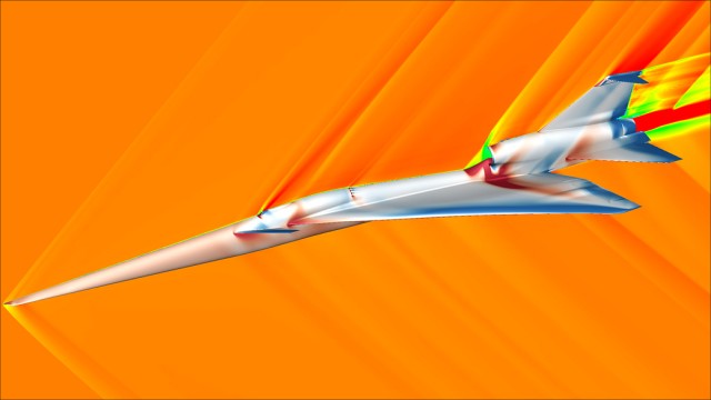 Aviation: A fluid dynamics simulation shows how the prototype of the X-59 jet would behave in supersonic flight.  The colors on the aircraft indicate surface pressure caused by air resistance, low pressures are colored blue, high pressures are colored red.  Around the aircraft, the colors show the speed of air flow, with high speeds being red.