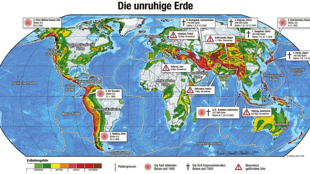 Erdbeben-Prognose: Die gefährdetsten Orte und die schwersten Beben der Vergangenheit: Die Eintragungen in der Karte sind aus Kombinationen etlicher Einzelstudien entstanden.