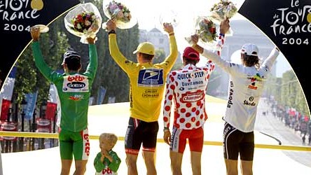 Lance Armstrong: (Von links) Sprintrüpel Robbie McEwen mit Kind, Radgott Lance Armstrong, Bergziege Richard Virenque, Nachwuchs Vladimir Karpets.