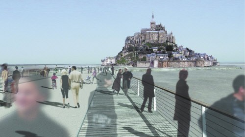 Computergrafik des Klosterbergs Mont-Saint-Michel nach dem Bau der neuen Verbindung, AFP