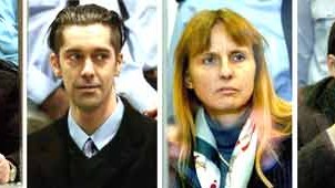 Dutroux-Prozess: Die Angeklagten: Von links: Michel Nihoul, Michel Lelievre, Dutrouxs Exfrau Michelle Martin und Marc Dutroux (mit schwarzen Balken, da er darauf bestand nicht fotografiert zu werden).