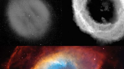 20 Jahre Weltraumteleskop: Aus mehreren, an sich schwarzweißen Aufnahmen des Teleskops (oben) entstehen solche farbigen (und öffentlichkeitswirksamen) Darstellungen entstehen: hier der sogenannte Ringnebel M57.