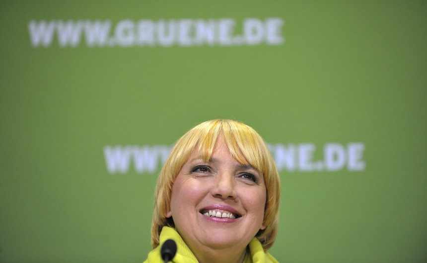Roth, leader of Germany's environmental Green party smiles during  news conference in Berlin