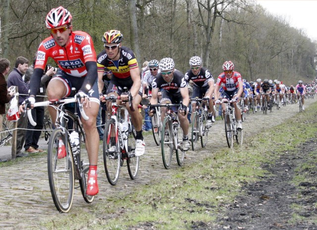 Switzerland's Cancellara leads Begium's Boonen in the Paris-Roubaix cycling classic in northern France