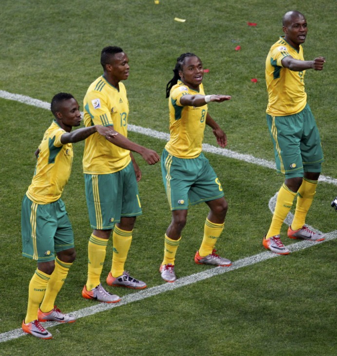 South Africa's Tshabalala celebrates with team mates after scoring opening goal during the 2010 World Cup opening match Johannesburg