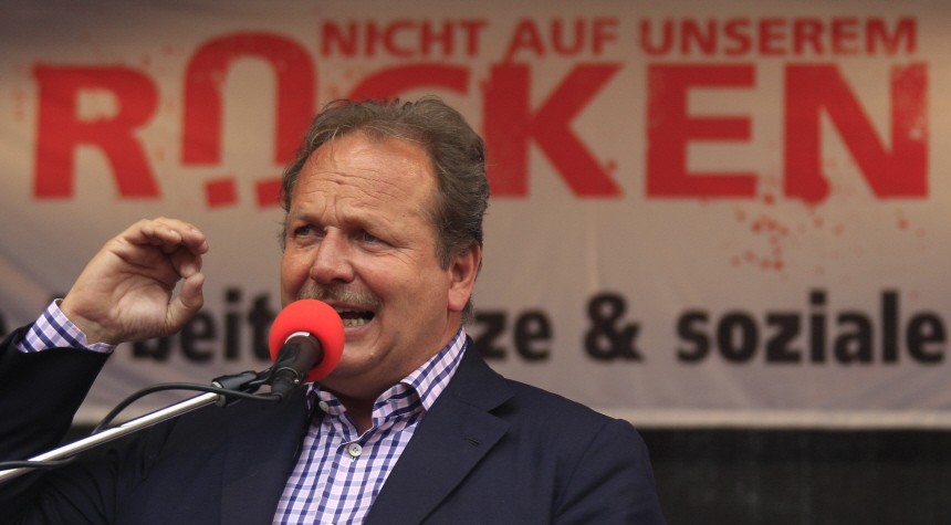 Bsirske, head of German Public sector union Verdi gives a speech during a demonstration in Stuttgart
