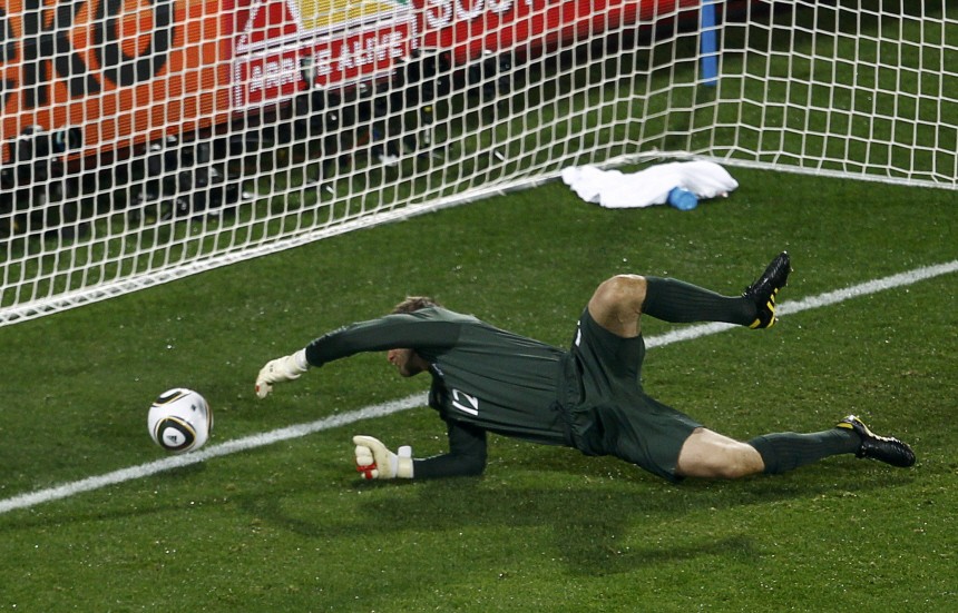 England's goalkeeper Robert Green concedes a goal against the US during a 2010 World Cup Group C soccer match at Royal Bafokeng stadium in Rustenburg
