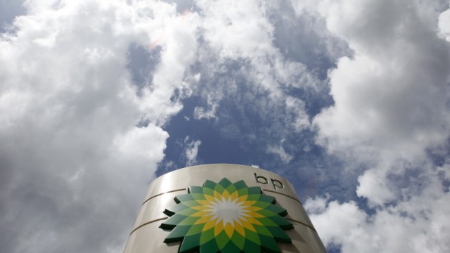 A BP logo is seen at a petrol station in central London