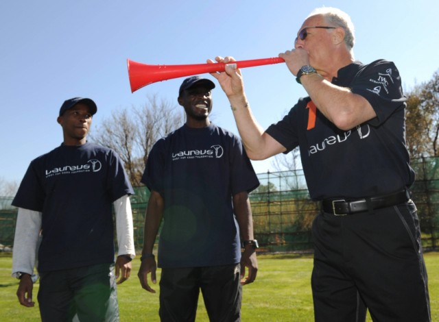 Franz Beckenbauer blows vuvuzela in 'Laureus Sports for All' project with South African youths in Erasmia