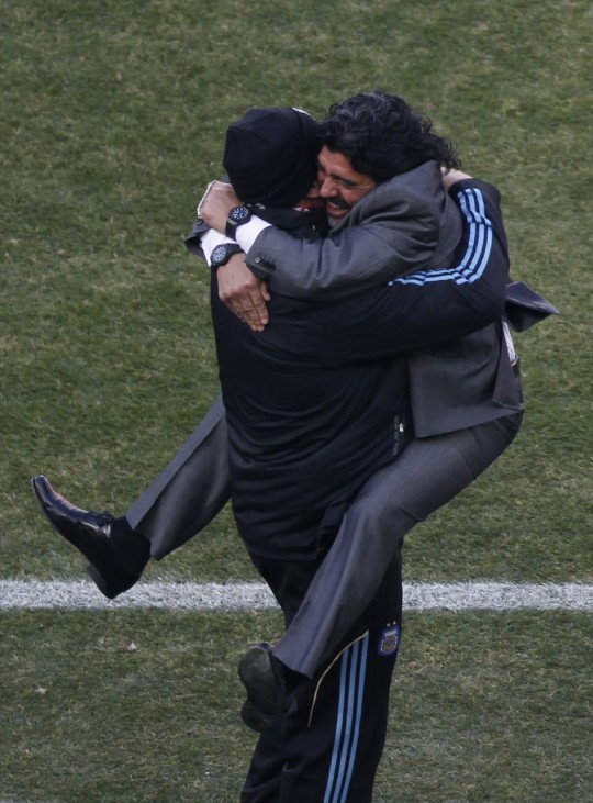 Argentina's coach Maradona celebrates his team's third goal during the 2010 World Cup Group B soccer match against South Korea at Soccer City stadium in Johannesburg