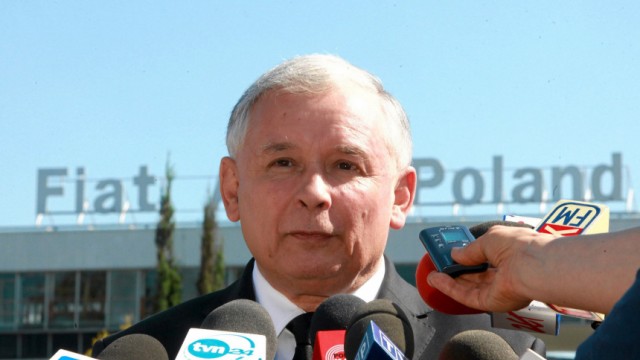 Kaczynski, presidential candidate from Law and Justice Party (PiS), speaks to media in front of Fiat Auto Poland factory in Tychy