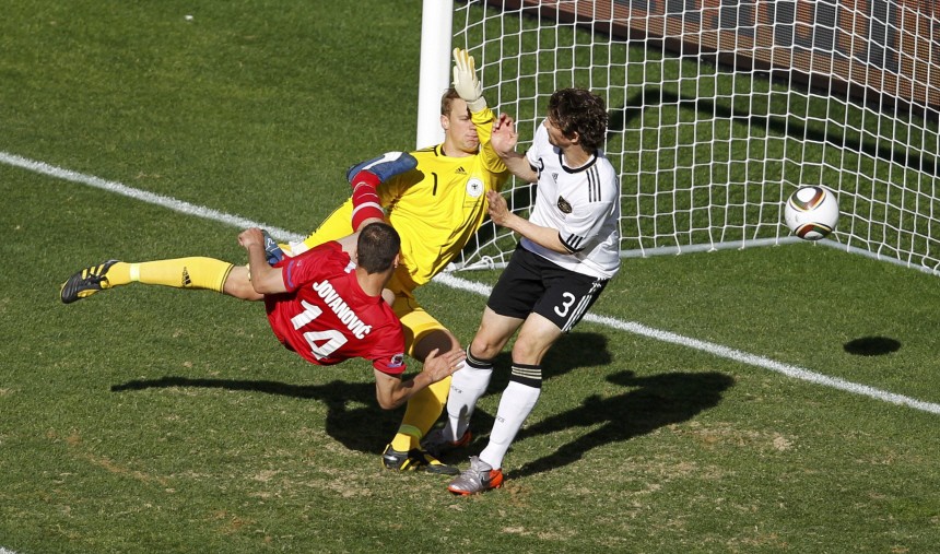 Serbia's Jovanovic scores against Germany during a 2010 World Cup Group D soccer match at Nelson Mandela Bay stadium in Port Elizabeth
