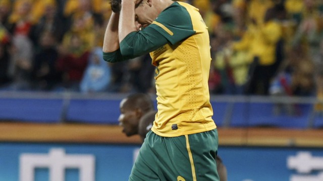 Australia's Luke Wilkshire reacts to his failed attemp during the 2010 World Cup Group D soccer match against Ghana at Royal Bafokeng stadium in Rustenburg