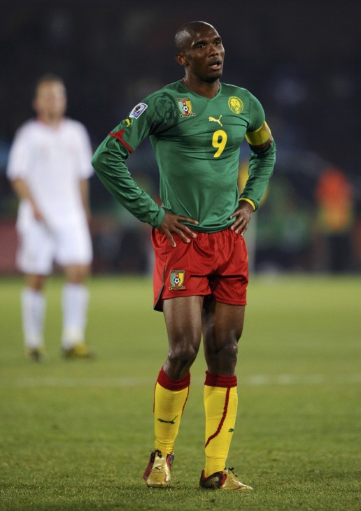 Cameroon's Eto'o reacts at the end of a 2010 World Cup Group E soccer match against Denmark in Pretoria