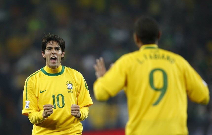 Brazil's Kaka and Fabiano react after Fabiano's first goal during their 2010 World Cup Group G soccer match against Ivory Coast at Soccer City stadium in Johannesburg