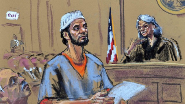 Failed Times Square bomber Faisal Shahzad enters guilty pleas in a court appearance, as seen in this courtroom sketch in New York