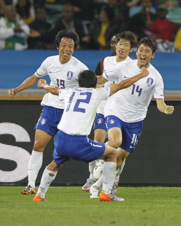 South Korea Lee Jung-soo celebrates his goal with team mates during their 2010 World Cup Group B soccer match against Nigeria at Moses Mabhida stadium in Durban