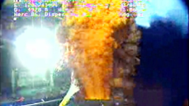 Frame grab of oil and gas continuing to leak at the Deepwater Horizon oil spill site in the Gulf of Mexico