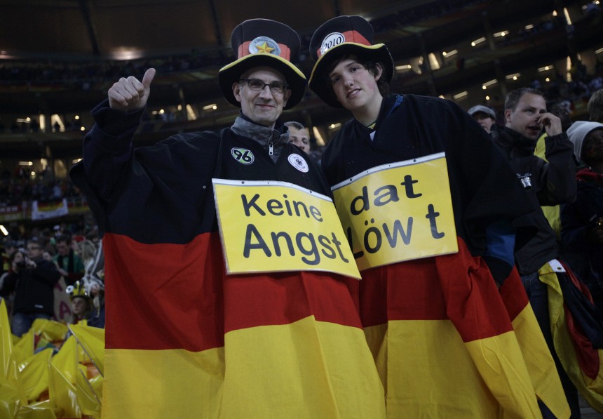 Germany fans smile before 2010 World Cup Group D soccer match between Germany and Ghana  in Johannesburg