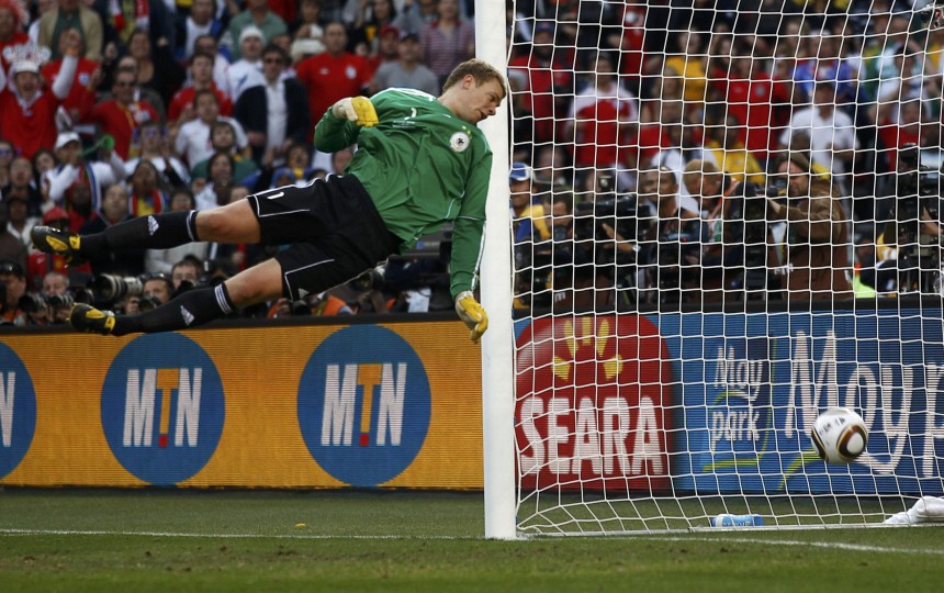 Germany's goalkeeper Neuer fails to save a shot by England's Lampard during a 2010 World Cup second round soccer match at Free State stadium in Bloemfontein