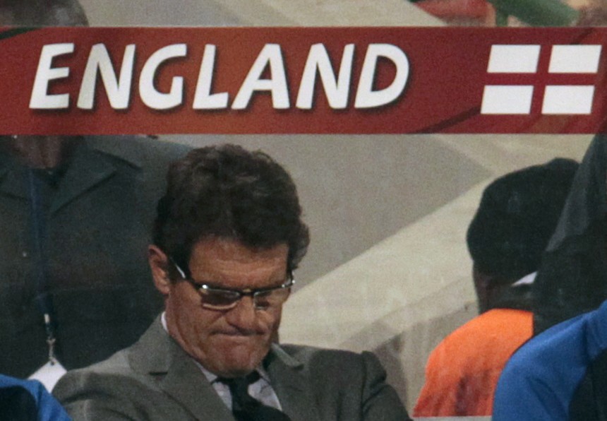 England's coach Fabio Capello reacts during the 2010 World Cup second round soccer match against Germany at Free State stadium in Bloemfontein