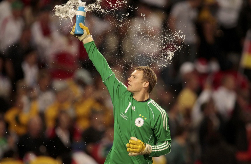 Germany's goalkeeper Neuer reacts after a 2010 World Cup second round soccer match against England at Free State stadium in Bloemfontein
