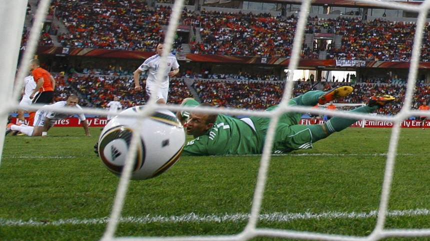 Slovakia's goalkeeper Mucha watches as the ball shot by Netherlands' Robben goes to the back of the net during the 2010 World Cup second round soccer match at Moses Mabhida stadium in Durban