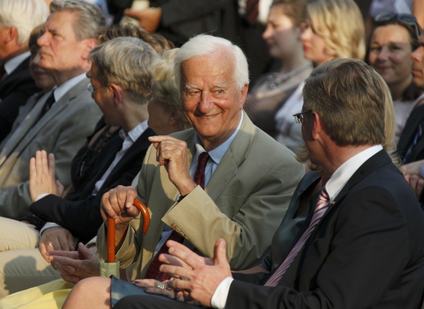 Newly sworn-in German President  Wulff talks to former President Richard von Weizsaecker during the summer reception at the presidential residence Bellevue palac in Berlin