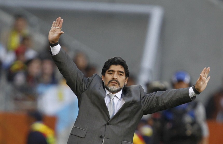 Argentina's coach Diego Maradona gestures during the 2010 World Cup quarter-final soccer match against Germany at Green Point stadium in Cape Town