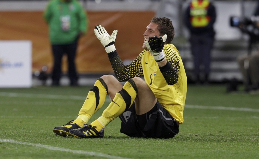 Netherlands' goalkeeper Stekelenburg reacts during their 2010 World Cup semi-final soccer match against Uruguay in Cape Town
