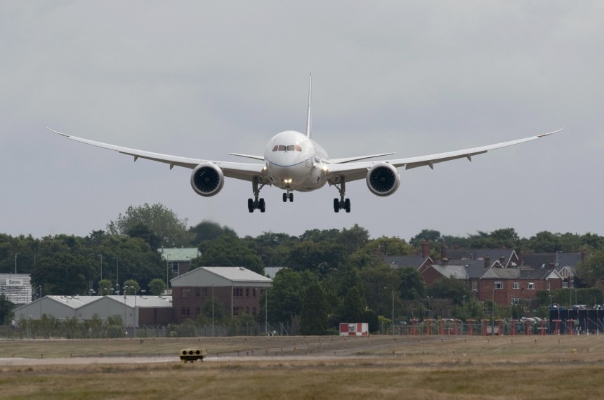 The Boeing 787 Dreamliner aircraft lands at Farnborough airport in Farnborough, southern England