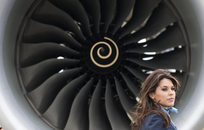 Model Daniella Lineker stands in front of the Boeing 787 Dreamliner aircraft at Farnborough airport in Farnborough, southern England