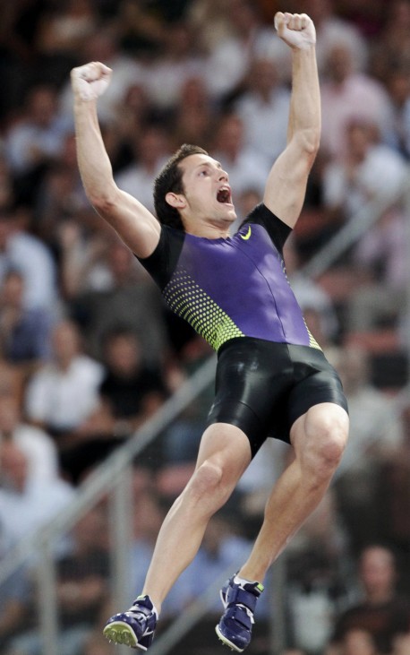 Lavillenie of France celebrates victory in the men's pole vault event of the IAAF Diamond League athletics meeting at the Stade de la Pontaise in Lausanne