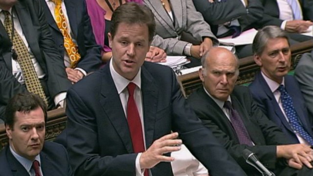 A video grab shows Britain's deputy Prime Ministe Nick Clegg addressing the House of Commons during Prime Ministers Questions in London