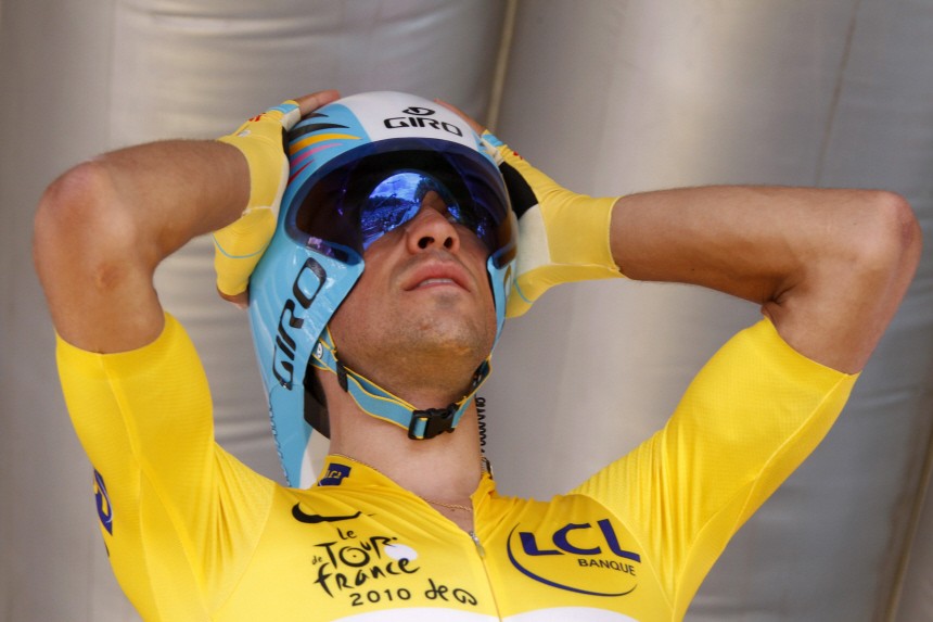 Astana team rider Alberto Contador of Spain prepares for the start of the individual time-trial 19th stage of the Tour de France cycling race between Bordeaux and Pauillac