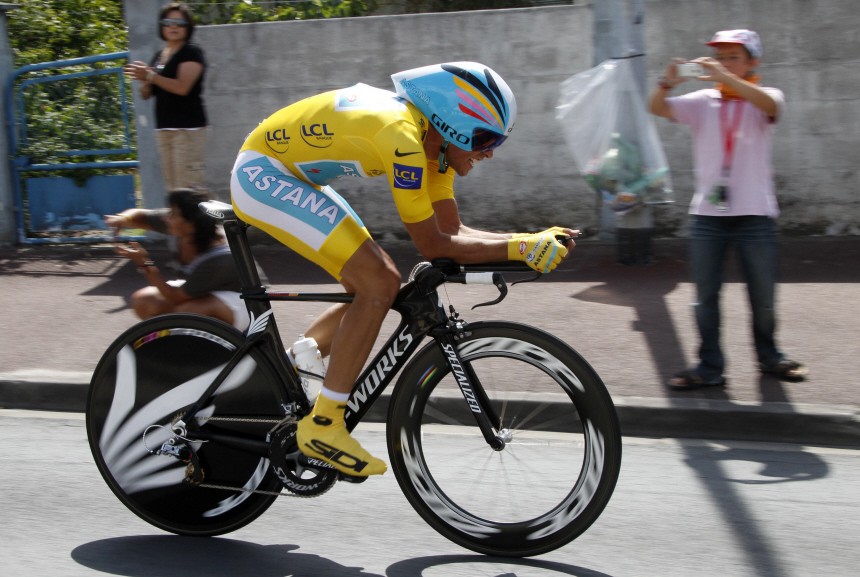 Astana team rider Alberto Contador of Spain cycles during the individual time-trial 19th stage of the Tour de France cycling race between Bordeaux and Pauillac