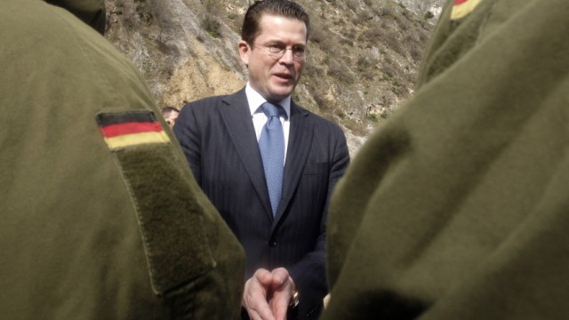 German Defence Minister Karl-Theodor zu Guttenberg visits German soldiers serving in Kosovo as part of the NATO-led peace force in Prizeren