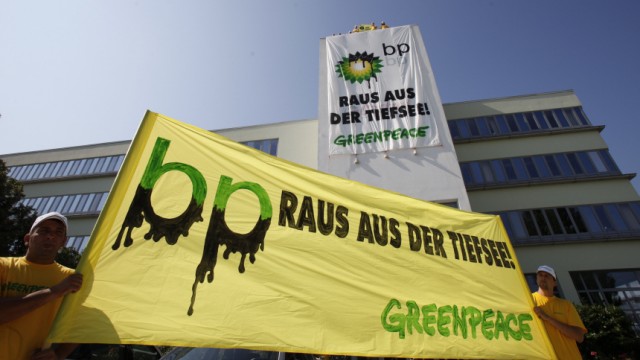 Greenpeace activists protest against the British Petroleum (BP) oil spill in the Gulf of Mexico at the Austrian BP headquarters in Wiener Neustadt