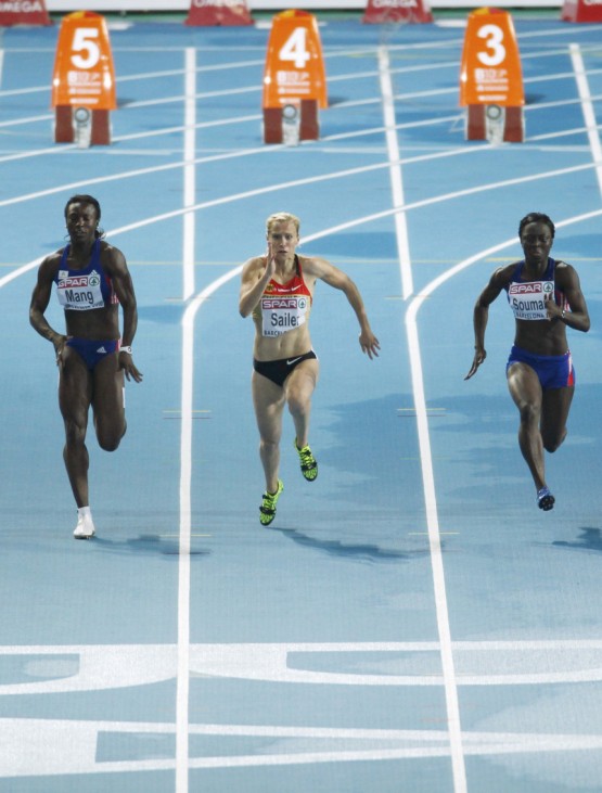 Germany's Sailer, France's Mang and France's Soumare compete in the women's 100 metres final at the European Athletics Championships in Barcelona