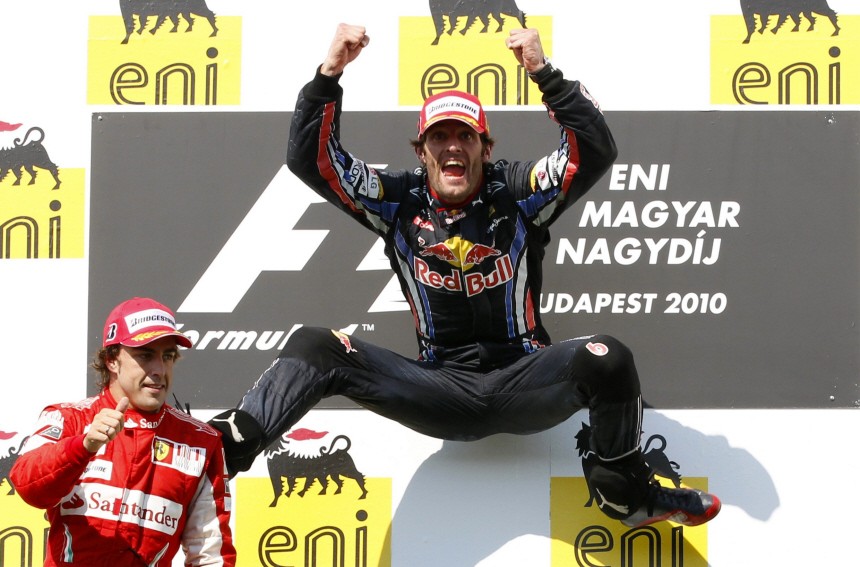Red Bull Formula One driver Mark Webber of Australia celebrates after winning the Hungarian F1 Grand Prix at the Hungaroring circuit near Budapest