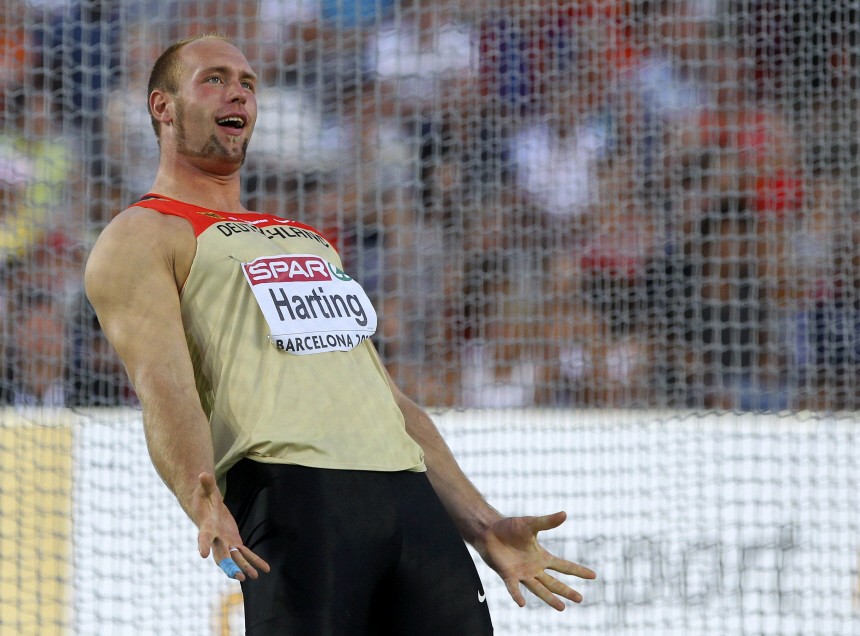 Harting of Germany celebrates after winning silver medal in men's discus final at European Athletics Championships in Barcelona