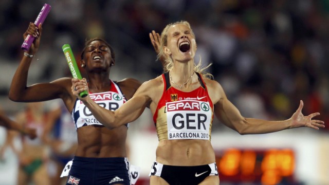 Hoffmann from team Germany competes to finish second in the women's 4 x400 metres relay final during the European Athletics Championships in Barcelona